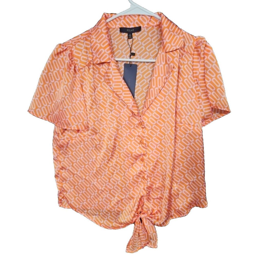 Eclair Button Up Blouse, Women's Small S Orange Button Tie Knot Brand New NWT